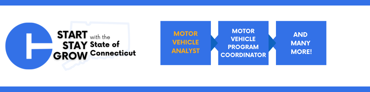 "Graphic with a large blue circular logo on the left featuring a white vertical line and horizontal bar. To the right, the text reads 'Start, Stay, Grow with the State of Connecticut,' with a light outline of the state in the background. Three connected blue boxes appear to the right, labeled 'Motor Vehicle Analyst,' 'Motor Vehicle Program Coordinator,' and 'And Many More!'"
